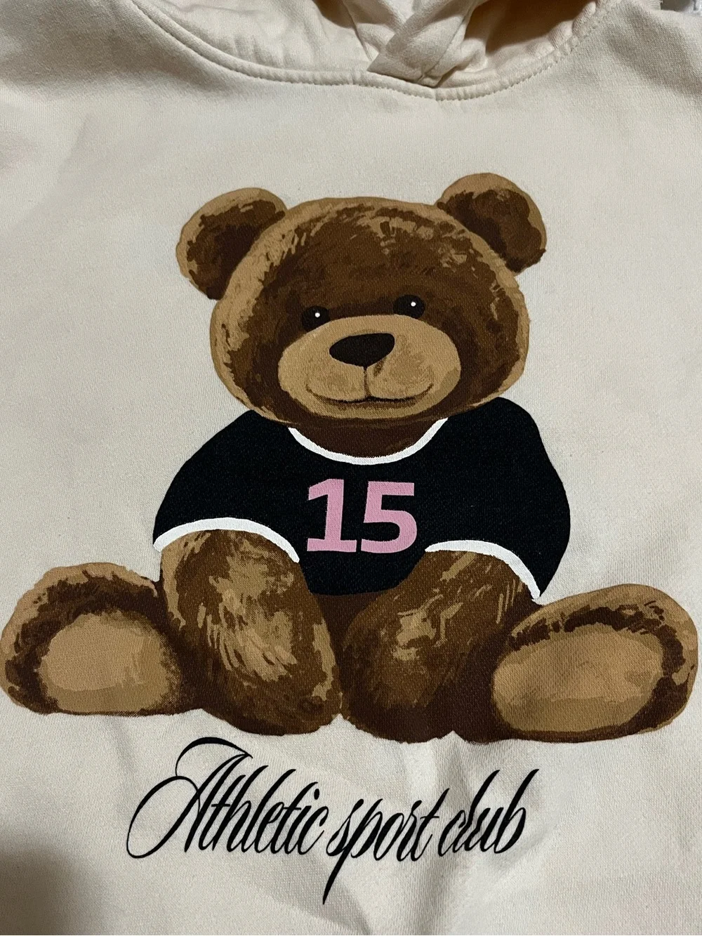 H&M Big Kids Teen Hoodie with Teddy Bear Athletic Club Graphic Ecru Sz 20 School